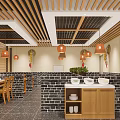Modern Wooden Restaurant Interior With Warm Pendant Lights Wooden Tables Chairs And Screen Partitions