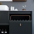 Modern Gray Wall Bathroom Washstand With Black Cabinet White Basin Gold Faucet And Mirror
