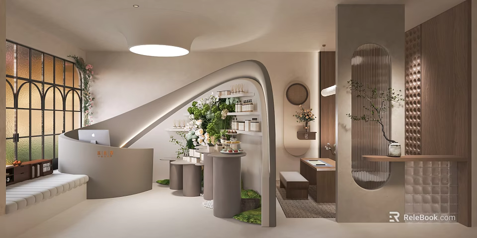 Modern SPA Sauna Interior Design With Curved Structures Green Plants And Soft Lighting 3d model 