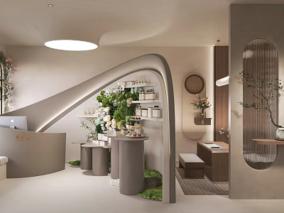Modern SPA Sauna Interior Design With Curved Structures Green Plants And Soft Lighting 3d model