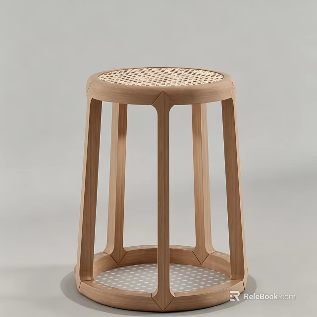 Modern Minimalist Solid Wood Stool With Handwoven Rattan Seat For Home Dining And Living Spaces 3d model 