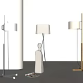 Three Modern Floor Lamps With White Lampshade And Metal Wooden Base For Interior Design