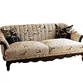 Two Seater Sofa with Patterned Fabric Upholstery Black Cushions Dark Wooden Arms and Curved Legs