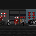 Red And Black Motorcycles In Garage Showroom With Tire Decor And Shelves