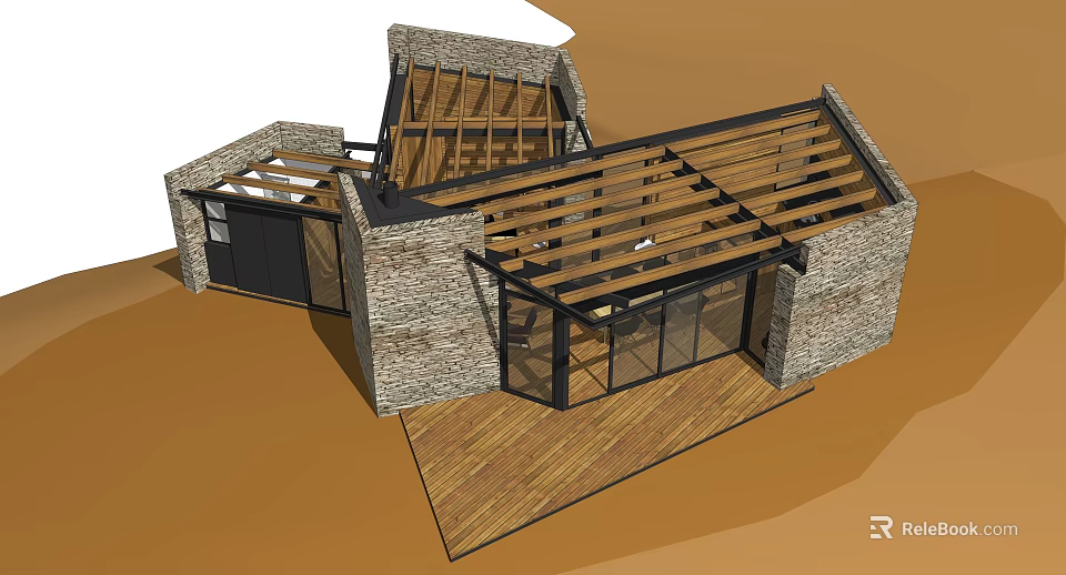 Detached Villa With Stone Walls Wooden Roof Frames And Large Glass Windows 3d model 