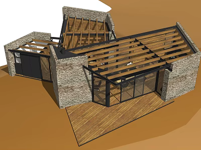 Detached Villa With Stone Walls Wooden Roof Frames And Large Glass Windows 3d model
