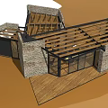 Detached Villa With Stone Walls Wooden Roof Frames And Large Glass Windows