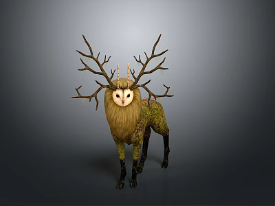 Artistic Fantasy Deer With Large Antlers And Green Moss Covered Body 3d model