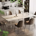 Modern Dining Space With Marble Table Clear Acrylic Legs And Gray Upholstered Chairs