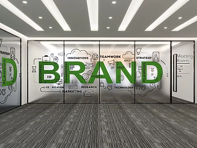 Brand Display On Office Glass Wall With Innovations Teamwork Strategy Elements 3d model