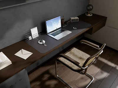 Modern Wooden Desk With Laptop Mouse Paper Organizer Radio Globe And Chair 3d model