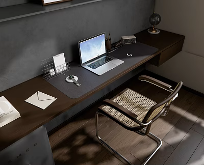 Modern Wooden Desk With Laptop Mouse Paper Organizer Radio Globe And Chair 3d model