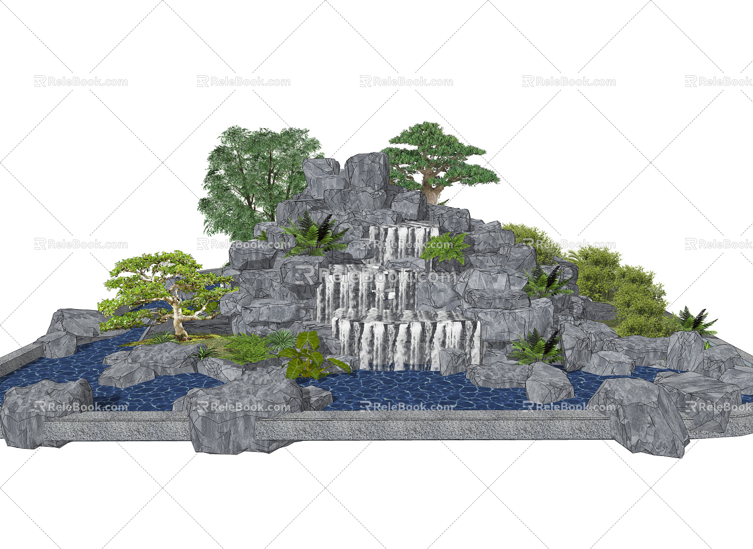 Modern rockery rockery rockery falling water waterscape rockery stone overlapping water waterfall landscape Taihu Lake stone black mountain stone shape pine tree 3d model