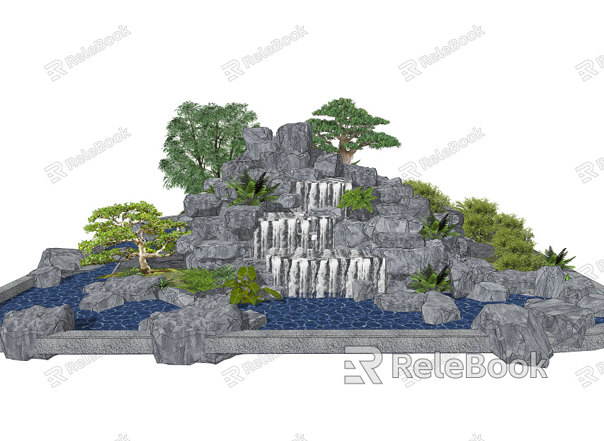 Modern rockery rockery rockery falling water waterscape rockery stone overlapping water waterfall landscape Taihu Lake stone black mountain stone shape pine tree model