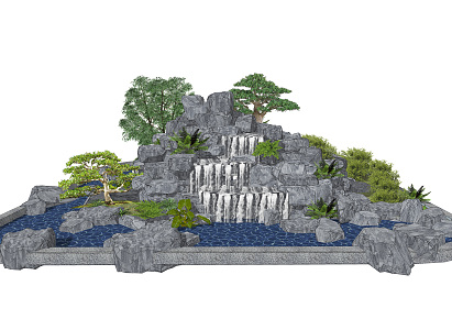 Modern rockery falling waterscape rockery stone overlapping waterfall landscape Taihu Lake stone black mountain stone shape pine tree 3d model