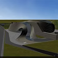 Modern Curved Museum Building Featuring Wooden Exterior Evening Lighting And Water Features Surrounded By Trees