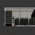 Industrial Metal Storage Rack With Organized Wine Bottles And Green Top Black Cylinders