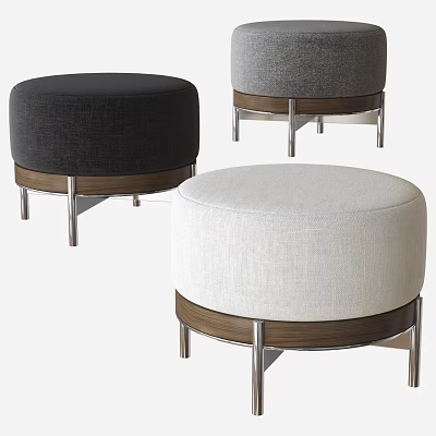 Round Upholstered Ottoman Stools with Black Gray White Fabric and Metal Legs Wooden Trim 3d model
