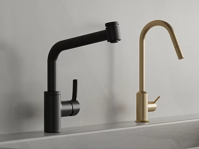 Modern Black And Gold Faucets On White Countertop With Grey Wall 3d model