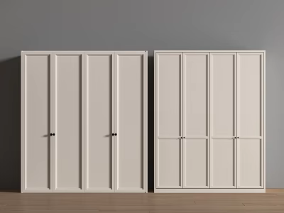 Modern White Wardrobes With Sliding Doors Against Gray Wall And Wooden Floor 3d model
