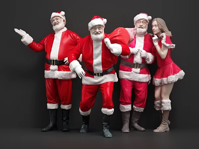 Three men in red Santa Claus costumes standing with a woman in red dress 3d model