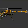 Yellow Mechanical Helicopter With Four Legs And Blue Propeller Robot Design