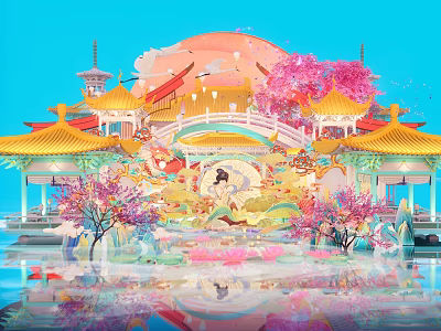 Traditional Chinese Commercial Landscape Featuring Golden Roofs Pink Cherry Blossoms Figures and Lotus Reflections 3d model