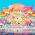 Traditional Chinese Commercial Landscape Featuring Golden Roofs Pink Cherry Blossoms Figures and Lotus Reflections