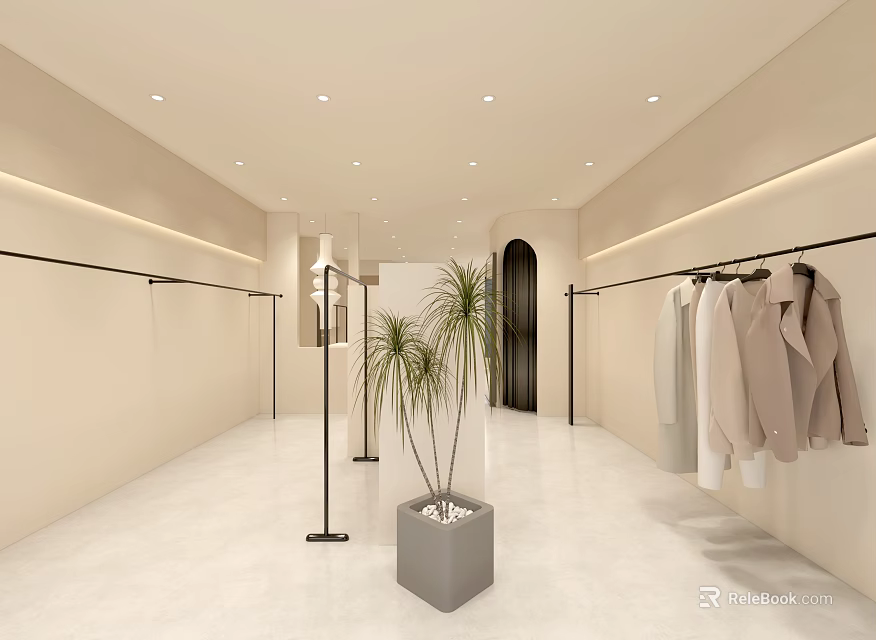 Spacious Clothing Store Interior with Bright Lighting Beige Walls Central Plant and Hanging Coats 3d model 