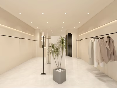 Spacious Clothing Store Interior with Bright Lighting Beige Walls Central Plant and Hanging Coats 3d model