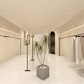 Spacious Clothing Store Interior with Bright Lighting Beige Walls Central Plant and Hanging Coats
