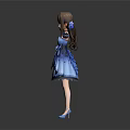 Anime Girl Character Wearing Blue Dress Brown Hair Blue Gloves And Shoes On Grey Background