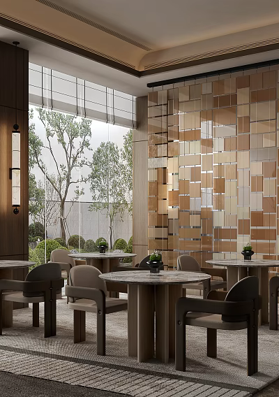 Elegant Hotel Public Lounge Area With Large Windows Trees Tiled Wall Round Tables And Chairs 3d model