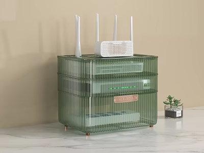 Modern Home Green Transparent Ribbed Storage Shelf Holding Electronic Devices And Small Potted Plant 3d model