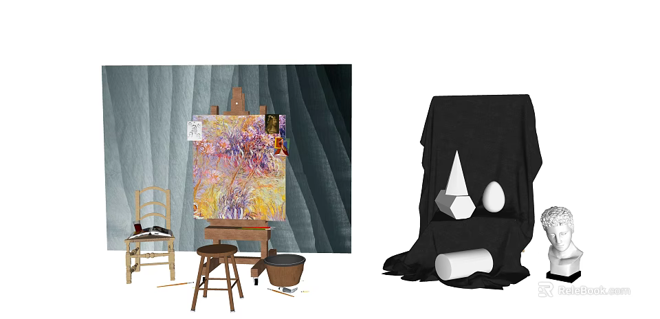 Musical Instruments and Art Supplies With Easel Paint Brushes Canvas Triangle and Black Cloth 3d model 