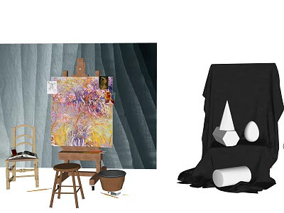 Musical Instruments and Art Supplies With Easel Paint Brushes Canvas Triangle and Black Cloth 3d model