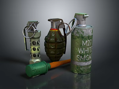 Collection of Military Weapons Featuring Grenade Smoke Bomb and Tactical Hammer 3d model