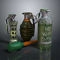 Collection of Military Weapons Featuring Grenade Smoke Bomb and Tactical Hammer