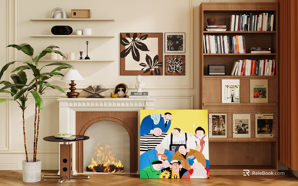 Cozy Living Room Interior Fireplace With Burning Fire Decorative Painting Bookshelf And Potted Plant 3d model 