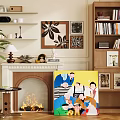 Cozy Living Room Interior Fireplace With Burning Fire Decorative Painting Bookshelf And Potted Plant