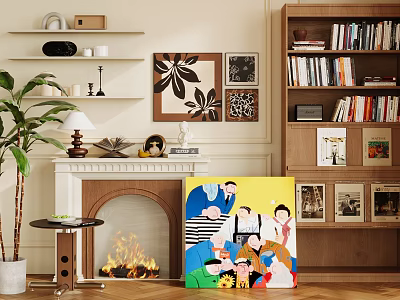 Cozy Living Room Interior Fireplace With Burning Fire Decorative Painting Bookshelf And Potted Plant 3d model