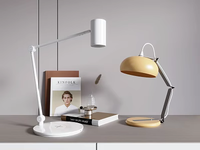 Modern White and Yellow Table Lamps on Desk with Books and Decorative Items 3d model