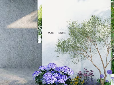 MAO HOUSE Garden Landscape With White Wall Tree Purple Hydrangeas And Colorful Flowers 3d model
