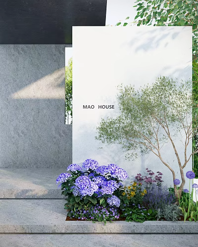 MAO HOUSE Garden Landscape With White Wall Tree Purple Hydrangeas And Colorful Flowers 3d model