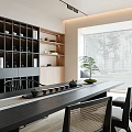 Modern Tea Room Interior Design With Long Table Black Chairs And Wooden Shelves