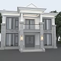 Modern Detached Villa Exterior With White Walls Gray Accents Balcony Porch And Greenery