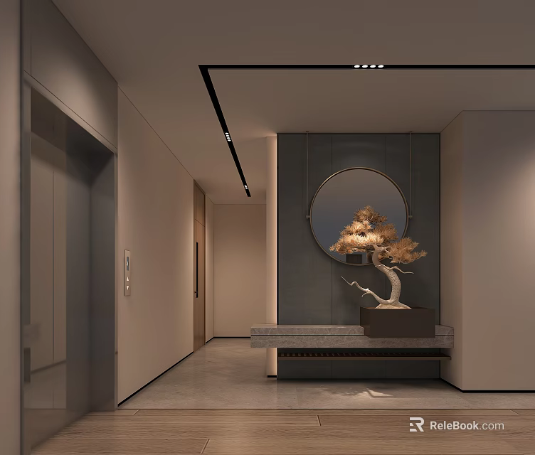 Modern Interior Of Elevator Corridor With Circular Mirror And Bonsai 3d model 