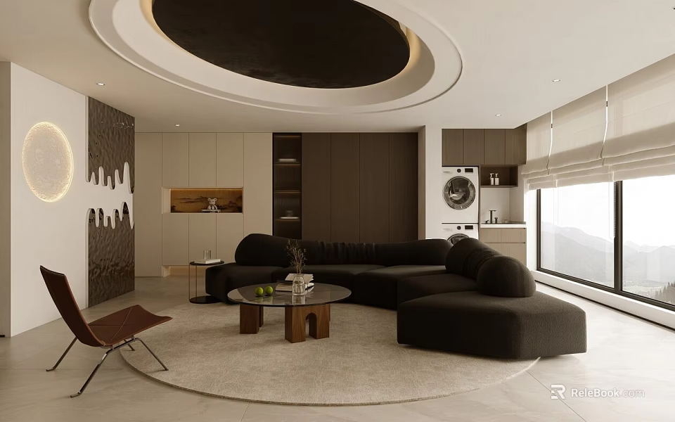 Modern Living and Dining Interior with black L-shaped sofa round wooden coffee table circular ceiling 3d model 