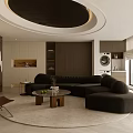 Modern Living and Dining Interior with black L-shaped sofa round wooden coffee table circular ceiling