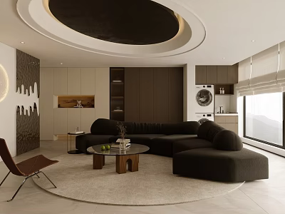 Modern Living and Dining Interior with black L-shaped sofa round wooden coffee table circular ceiling 3d model